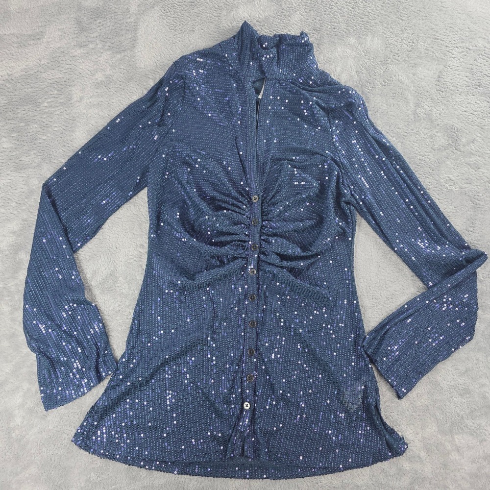 Free People Women XL Navy Blue Sequin Shirtee Mock Neck Ruched Button Down Top